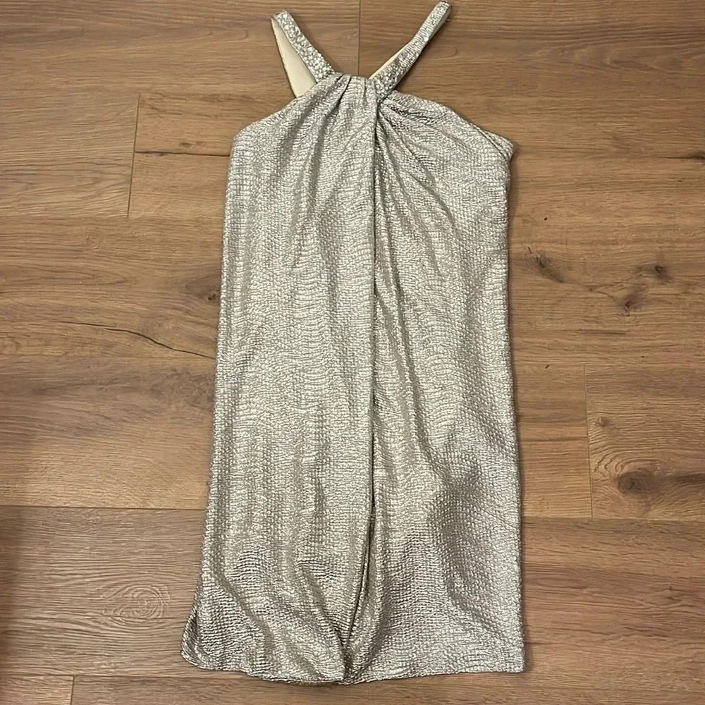 Boston Proper | Silver shimmery wrap style dress asymmetrical Size 4 rhinestones